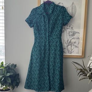 Ann Taylor Teal Eyelet Floral Short Sleeve Dress with Pockets